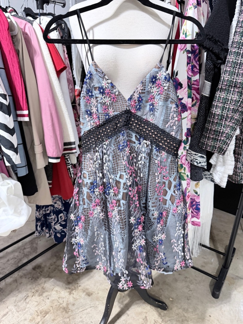 Aqua Bloomingdale’s Embroidered Floral Lace Slip Dress - Blue & Pink